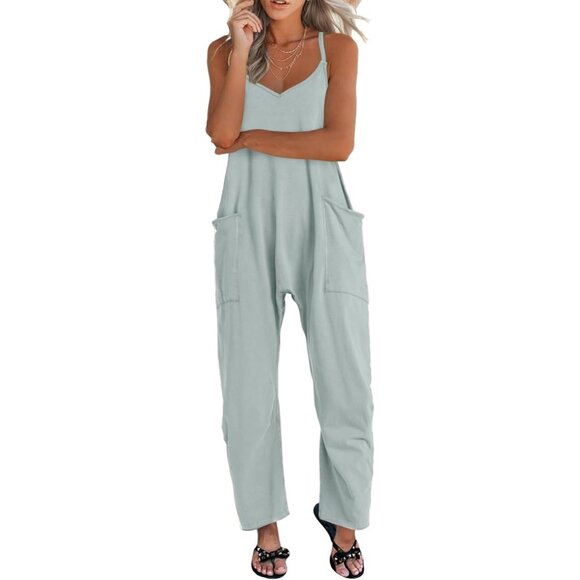 Women Green V Neck Sleeveless Jumpsuit Spaghetti Straps Harem Long Pants Overall - Picture 3 of 6